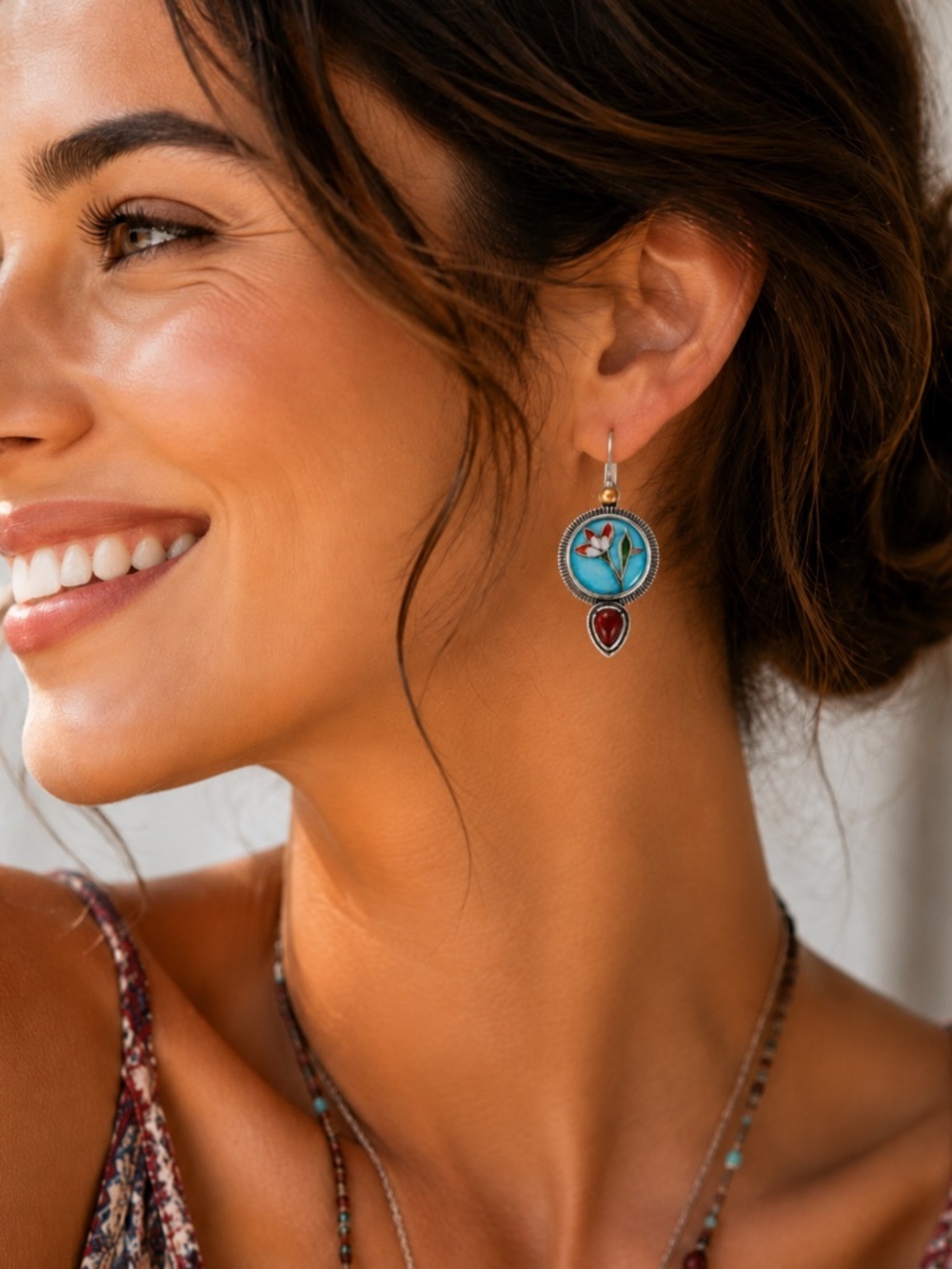 Floral Enamel Drop Earrings with Red Gemstone – Handcrafted Boho Dangle